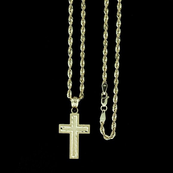 10K Real Gold Rope Chain and Cross Pendant Set - Picture 1 of 8